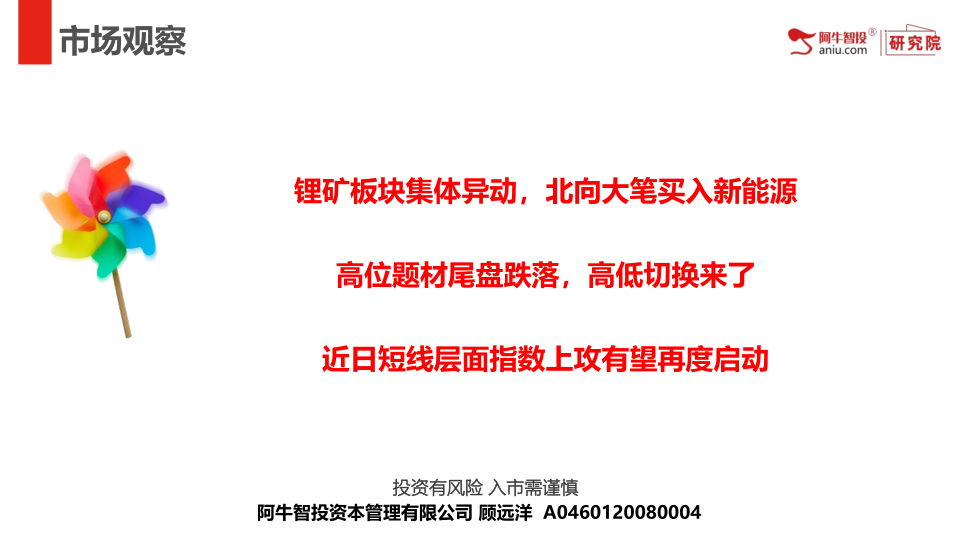 锂矿板块集体异动，北向大笔买入新能源
高位题材尾盘跌落，高低切换来了
近日短线层面指数上攻有望再度启动
