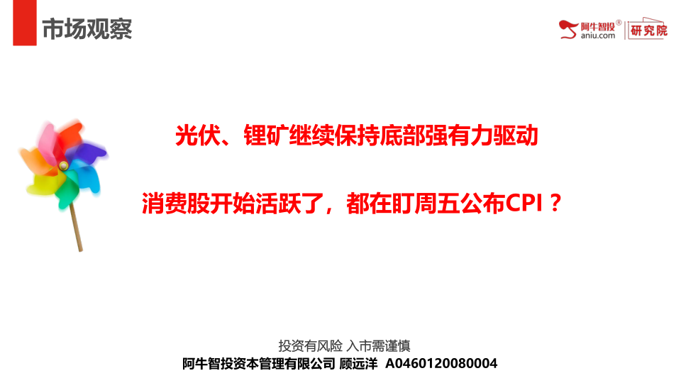 光伏、锂矿继续保持底部强有力驱动
消费股开始活跃了，都在盯周五公布CPI ？
