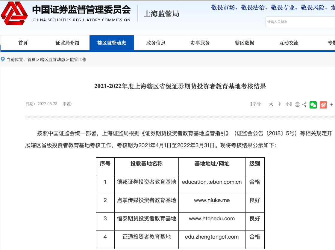 点掌投教基地获上海证监局2021-2022年度良好评级