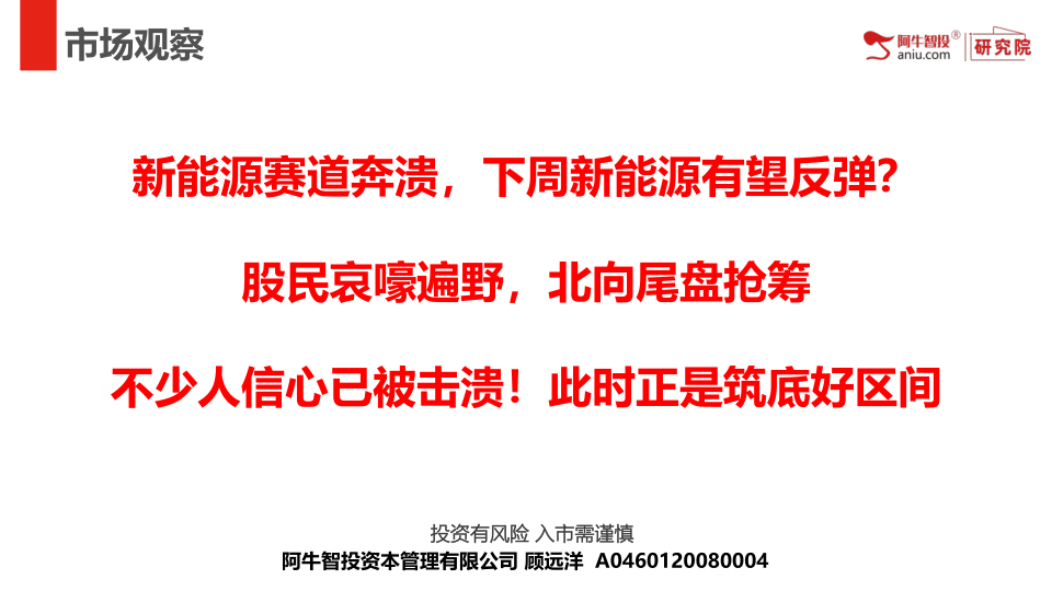 新能源赛道奔溃，下周新能源有望反弹？
股民哀嚎遍野，北向尾盘抢筹
不少人信心已被击溃！此时正是筑底好区间
