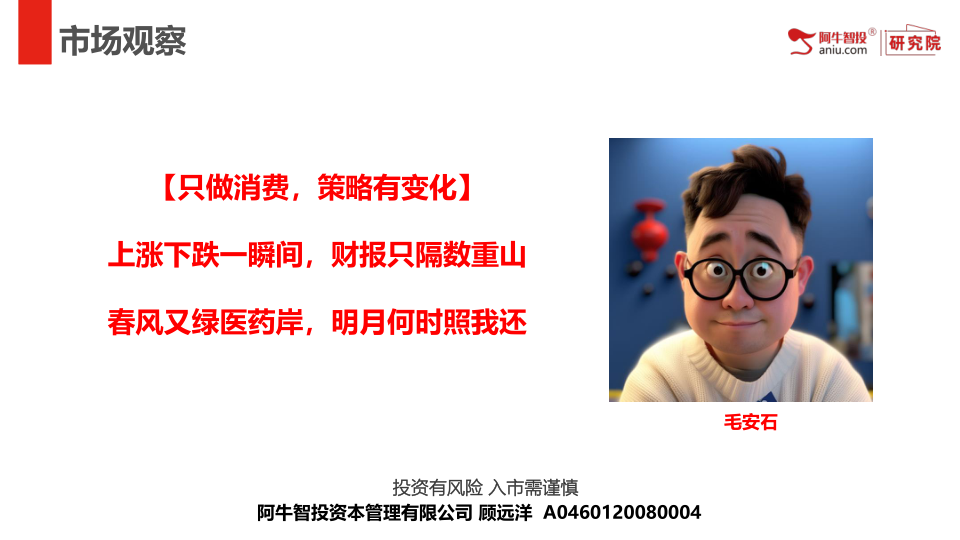 【只做消费，策略有变化】
上涨下跌一瞬间，财报只隔数重山
春风又绿医药岸，明月何时照我还