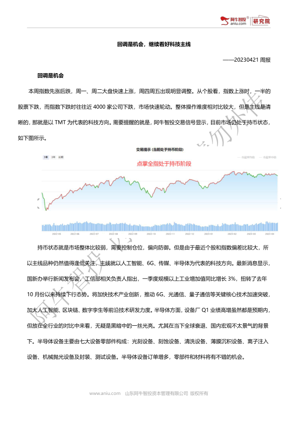 阿牛智投全指模型提示，进入持币阶段，所以策略上偏保守。但是科技主线回调是机会。
