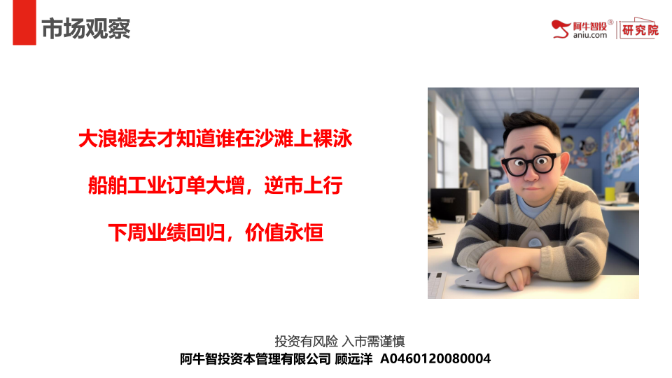 大浪褪去才知道谁在沙滩上裸泳
船舶工业订单大增，逆市上行
下周业绩回归，价值永恒

