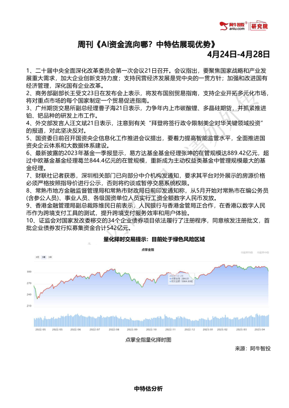 一、中特估行情接力
1、破净龙头全面修复（中铁、铁建、中交、中冶、中建）~越接近1x，修复确定性越高；离1越远，风险收益比越佳（都不会掉队）；
2、具备全球竞争力，能够走出去的细分央企龙头（铁科轨道、中材国际、中钢国际）；
3、产业链链长，肩负产业链安全国产替代的央企科研院所背景的企业（铁科轨道、凯盛科技、中国化学等）