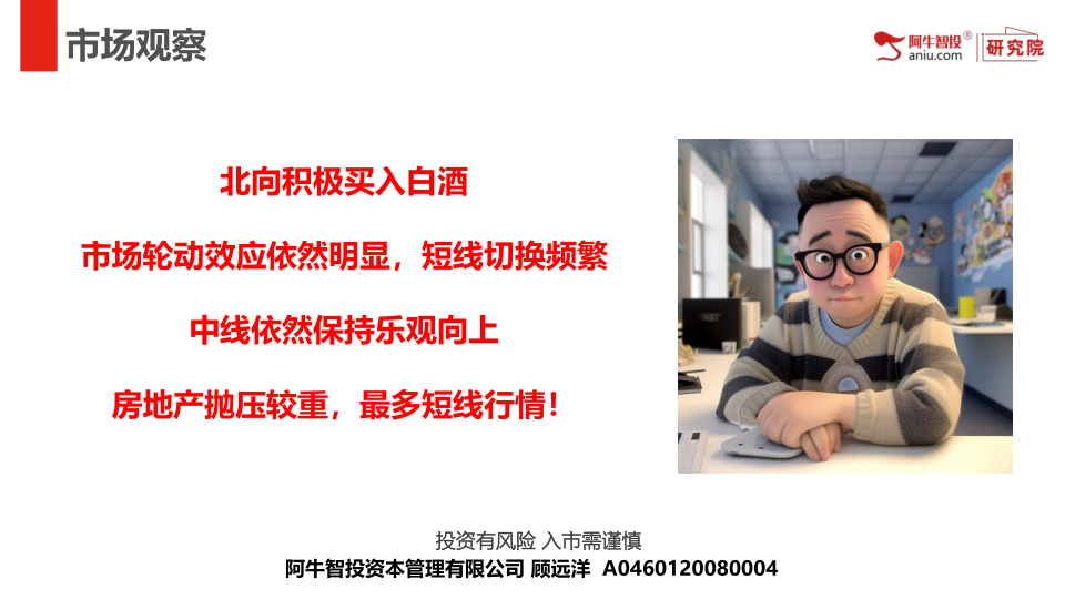 北向积极买入白酒
市场轮动效应依然明显，短线切换频繁
中线依然保持乐观向上
房地产抛压较重，最多短线行情！
