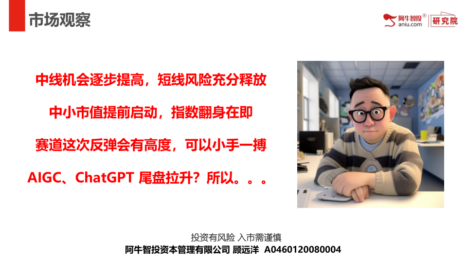 中线机会逐步提高，短线风险充分释放
中小市值提前启动，指数翻身在即
赛道这次反弹会有高度，可以小手一搏
AIGC、ChatGPT 尾盘拉升？所以。。。