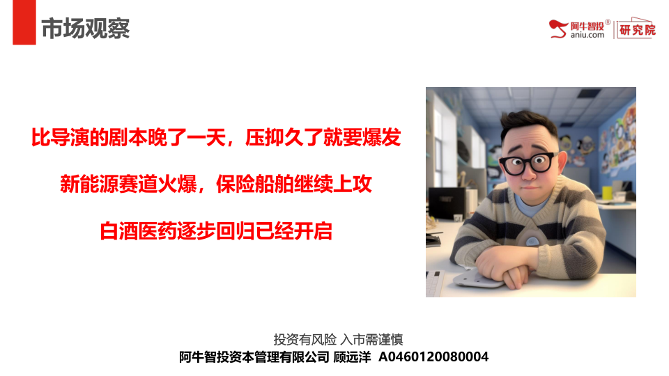 比导演的剧本晚了一天，压抑久了就要爆发
新能源赛道火爆，保险船舶继续上攻
白酒医药逐步回归已经开启
