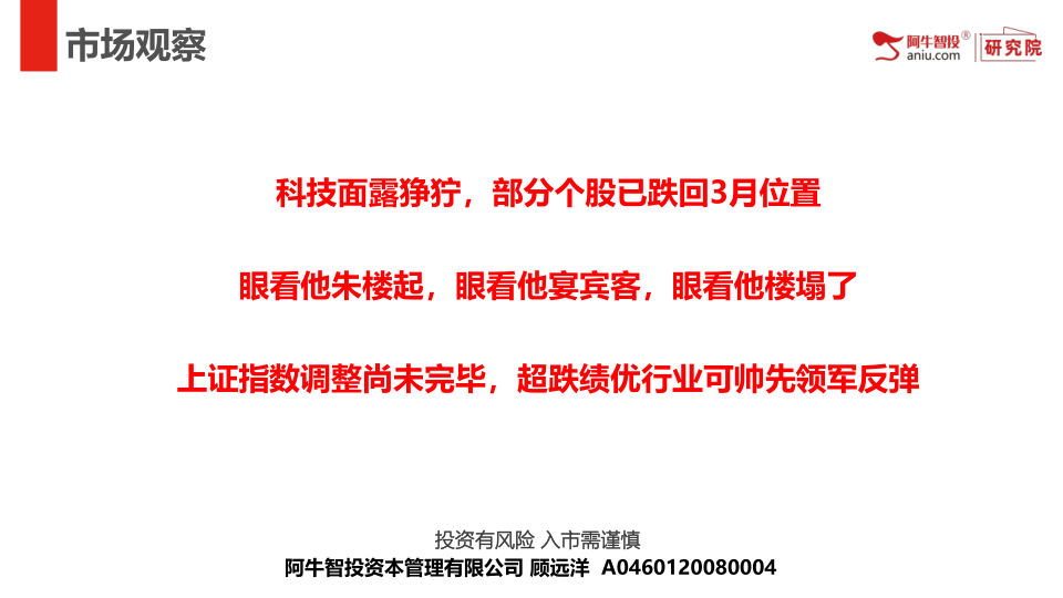 科技面露狰狞，部分个股已跌回3月位置
眼看他朱楼起，眼看他宴宾客，眼看他楼塌了
上证指数调整尚未完毕，超跌绩优行业可帅先领军反弹
