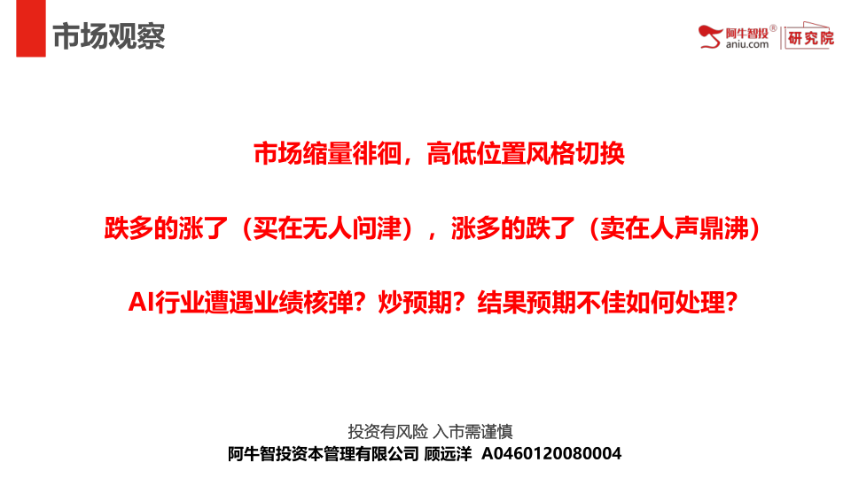 市场缩量徘徊，高低位置风格切换
跌多的涨了（买在无人问津），涨多的跌了（卖在人声鼎沸）
AI行业遭遇业绩核弹？炒预期？结果预期不佳如何处理？
