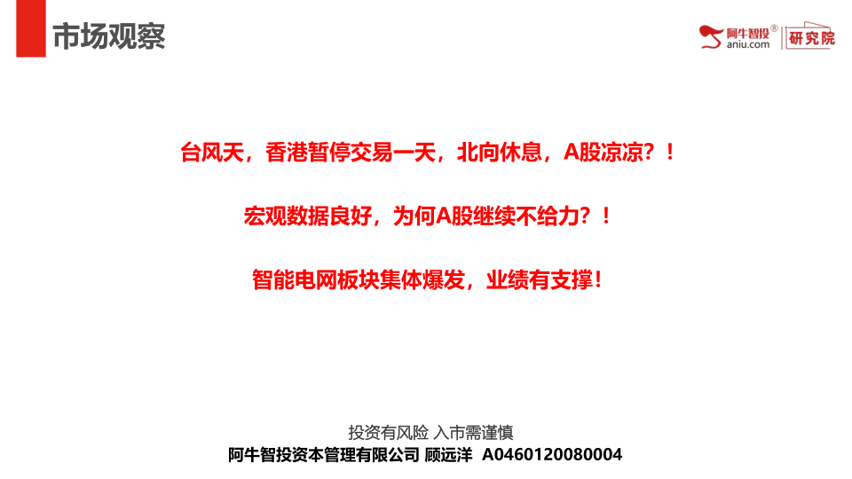 台风天，香港暂停交易一天，北向休息，A股凉凉？！
宏观数据良好，为何A股继续不给力？！
智能电网板块集体爆发，业绩有支撑！
