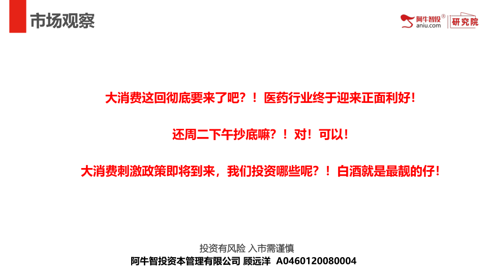 大消费这回彻底要来了吧？！医药行业终于迎来正面利好！
还周二下午抄底嘛？！对！可以！
大消费刺激政策即将到来，我们投资哪些呢？！白酒就是最靓的仔！
