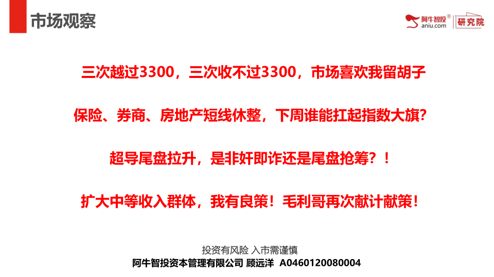 三次越过3300，三次收不过3300，市场喜欢我留胡子
保险、券商、房地产短线休整，下周谁能扛起指数大旗？
超导尾盘拉升，是非奸即诈还是尾盘抢筹？！
扩大中等收入群体，我有良策！毛利哥再次献计献策！
