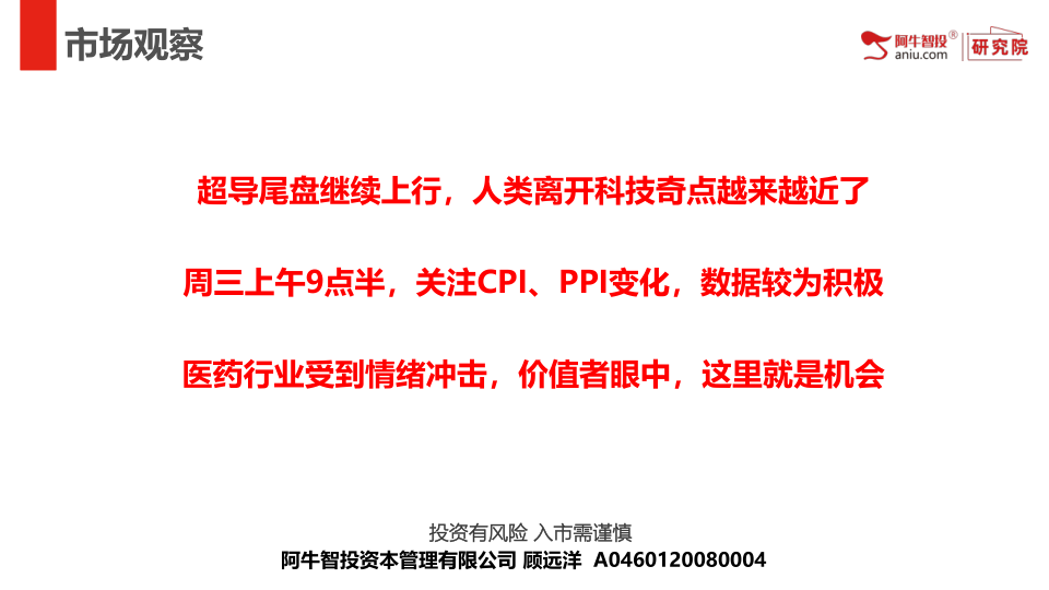 超导尾盘继续上行，人类离开科技奇点越来越近了
周三上午9点半，关注CPI、PPI变化，数据较为积极
医药行业受到情绪冲击，价值者眼中，这里就是机会
