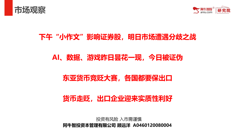 下午“小作文”影响证券股，明日市场遭遇分歧之战
AI、数据、游戏昨日昙花一现，今日被证伪
东亚货币竞贬大赛，各国都要保出口
货币走贬，出口企业迎来实质性利好
