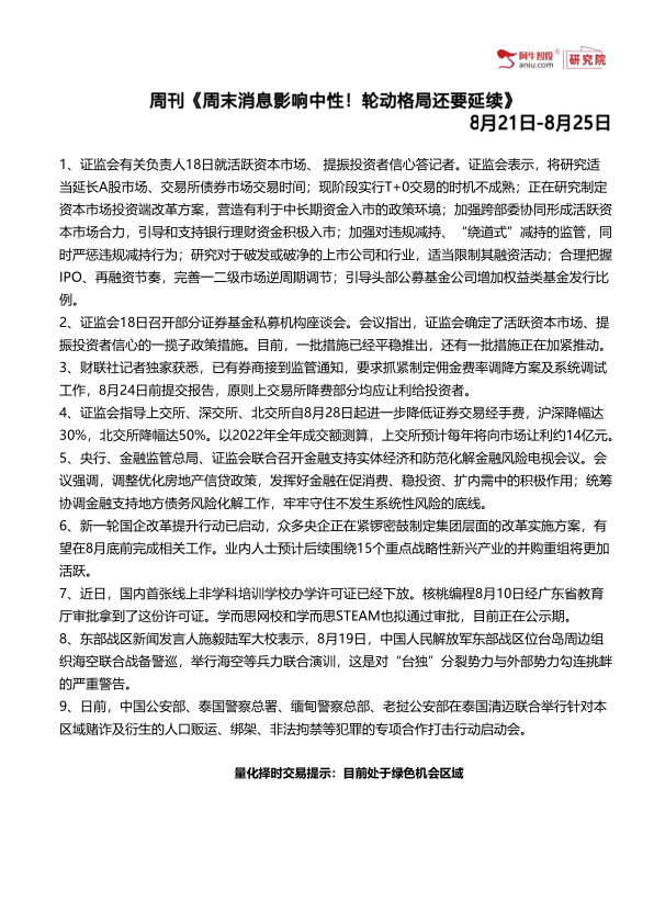 证监会有关负责人18日就活跃资本市场、 提振投资者信心答记者。证监会表示，将研究适当延长A股市场、交易所债券市场交易时间；现阶段实行T+0交易的时机不成熟；正在研究制定资本市场投资端改革方案，营造有利于中长期资金入市的政策环境；加强跨部委协同形成活跃资本市场合力，引导和支持银行理财资金积极入市；加强对违规减持、“绕道式”减持的监管，同时严惩违规减持行为；研究对于破发或破净的上市公司和行业，适当限制