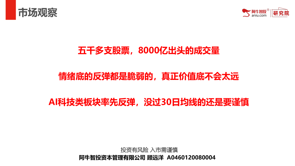 五千多支股票，8000亿出头的成交量
情绪底的反弹都是脆弱的，真正价值底不会太远
AI科技类板块率先反弹，没过30日均线的还是要谨慎
