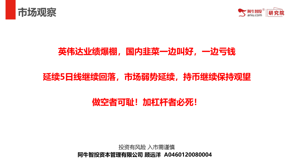 英伟达业绩爆棚，国内韭菜一边叫好，一边亏钱
延续5日线继续回落，市场弱势延续，持币继续保持观望
做空者可耻！加杠杆者必死！
