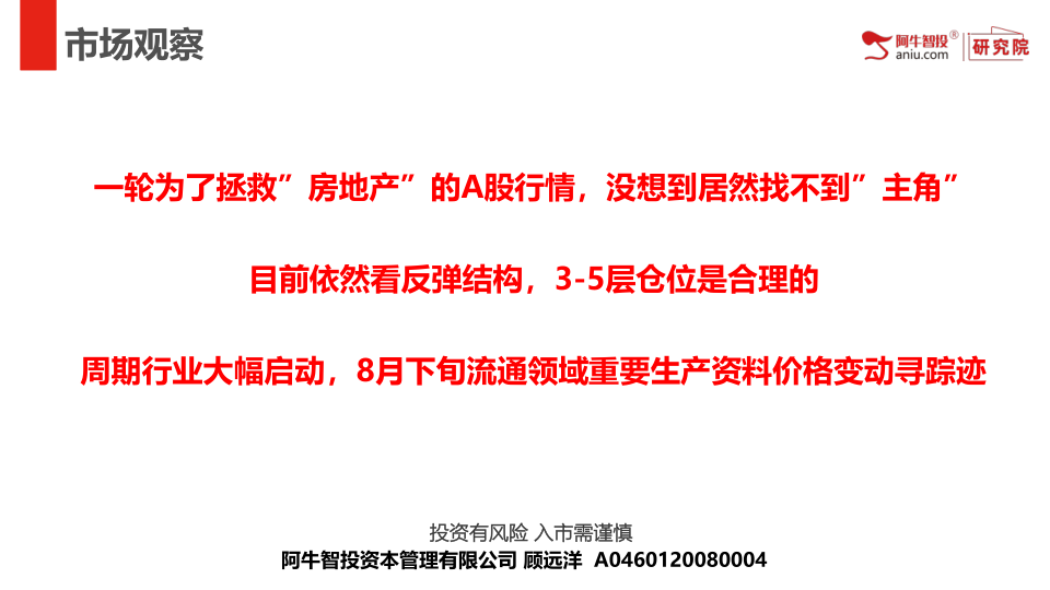 一轮为了拯救”房地产”的A股行情，没想到居然找不到”主角”
目前依然看反弹结构，3-5层仓位是合理的
周期行业大幅启动，8月下旬流通领域重要生产资料价格变动寻踪迹

