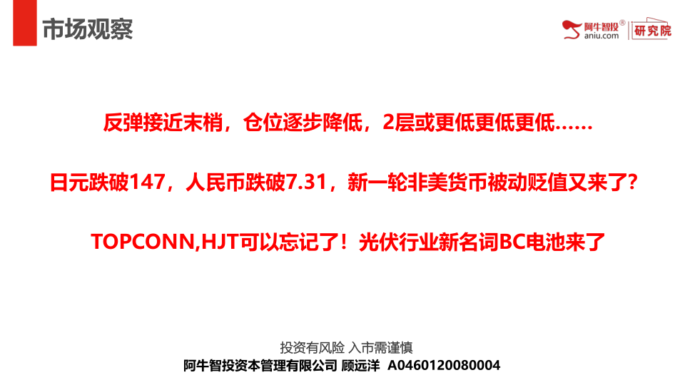 反弹接近末梢，仓位逐步降低，2层或更低更低更低……
日元跌破147，人民币跌破7.31，新一轮非美货币被动贬值又来了？
TOPCONN,HJT可以忘记了！光伏行业新名词BC电池来了
