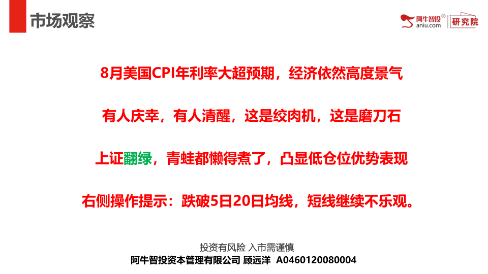 8月美国CPI年利率大超预期，经济依然高度景气
有人庆幸，有人清醒，这是绞肉机，这是磨刀石
上证翻绿，青蛙都懒得煮了，凸显低仓位优势表现
右侧操作提示：跌破5日20日均线，短线继续不乐观。
