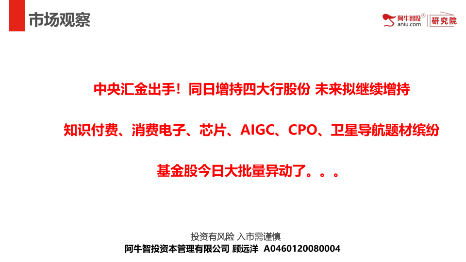 中央汇金出手！同日增持四大行股份 未来拟继续增持
知识付费、消费电子、芯片、AIGC、CPO、卫星导航题材缤纷
基金股今日大批量异动了。。。
