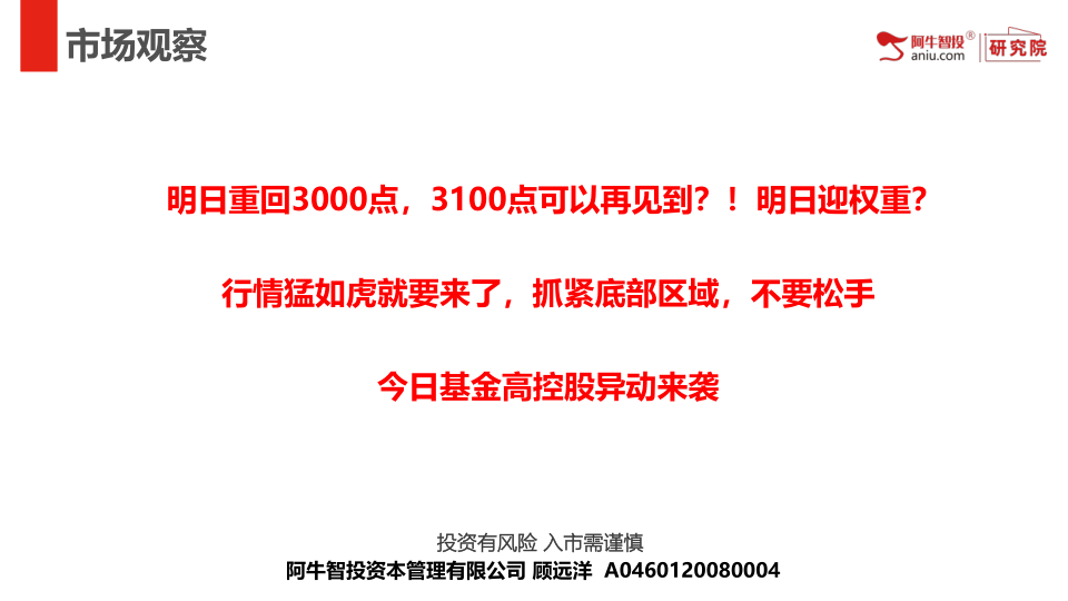 明日重回3000点，3100点可以再见到？！明日迎权重？
行情猛如虎就要来了，抓紧底部区域，不要松手
今日基金高控股异动来袭
