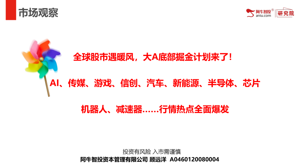 全球股市遇暖风，大A底部掘金计划来了！
AI、传媒、游戏、信创、汽车、新能源、半导体、芯片
机器人、减速器……行情热点全面爆发
