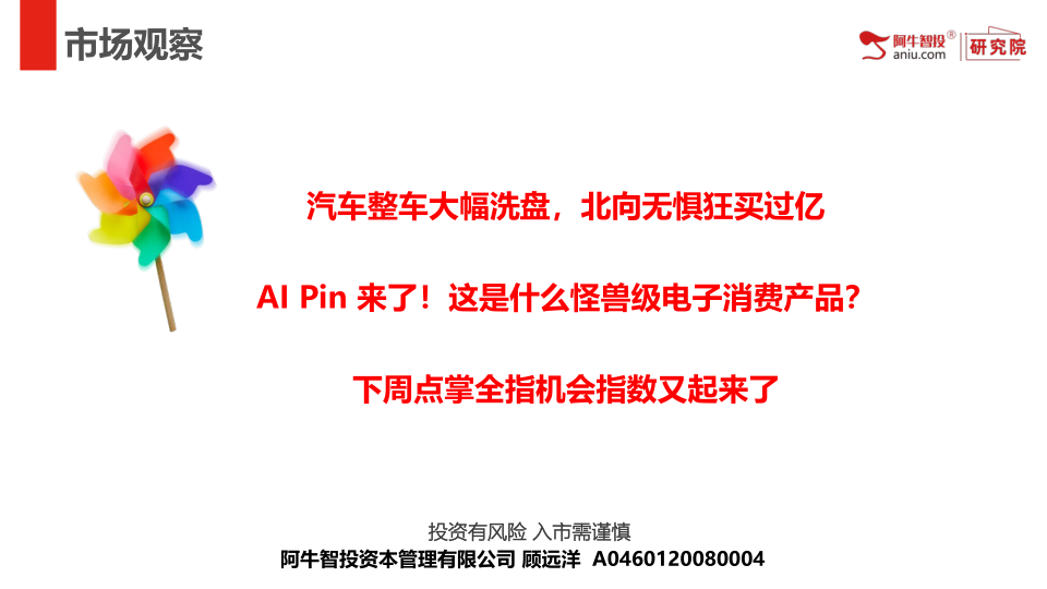 汽车整车大幅洗盘，北向无惧狂买过亿
AI Pin 来了！这是什么怪兽级电子消费产品？
下周点掌全指机会指数又起来了
